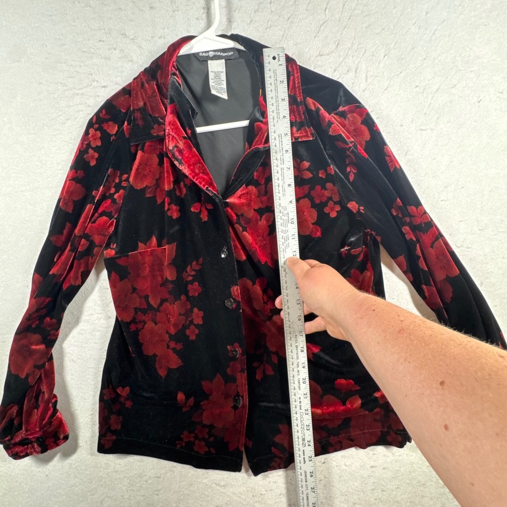 VTG Y2K Button Up Shirt Women Large Black Red Floral Velvet Goth Whimsigoth - Picture 4 of 10
